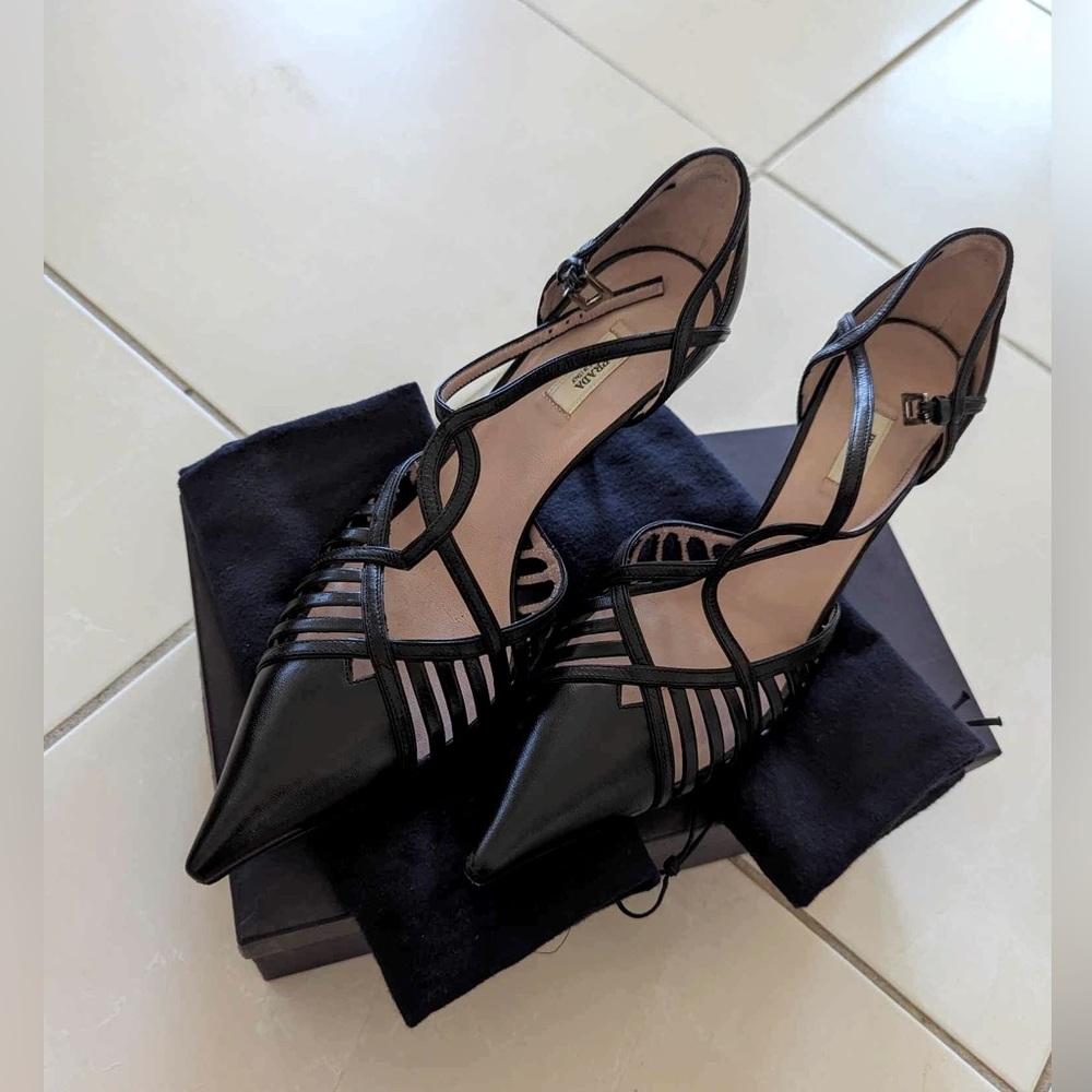 Prada Capretto Black Leather Heels Size: 39